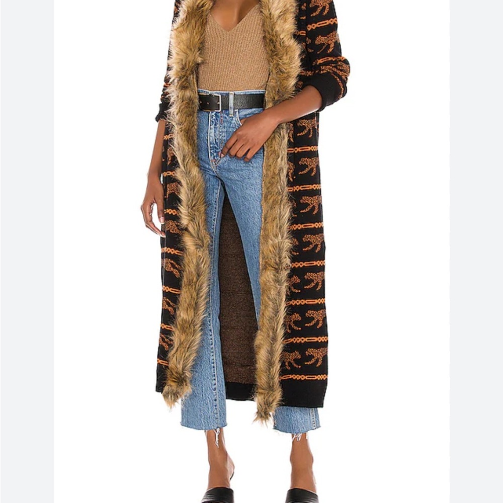 Show Me Your MuMu Black and Tan Leopard Faux-Fur Trim Long Cardigan